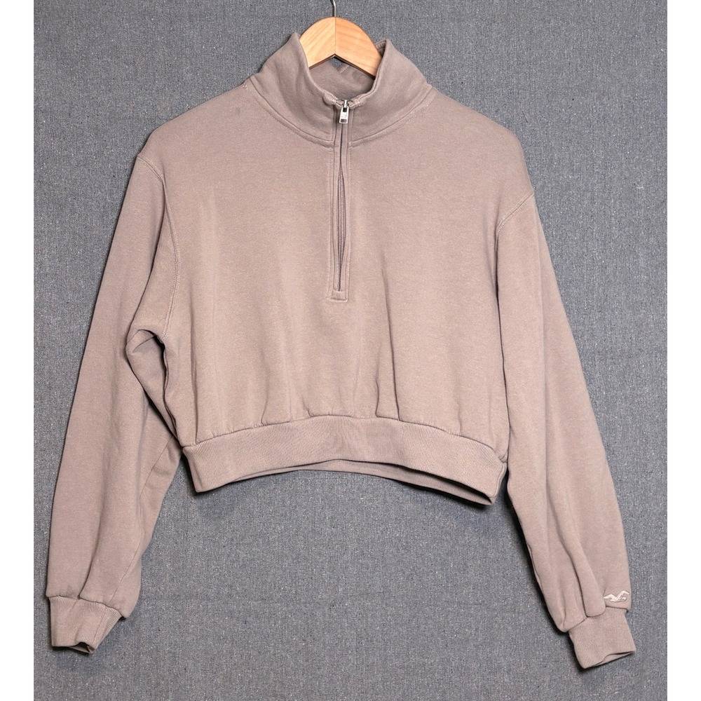 Hollister Womens Cropped Quarter Zip Sweatshirt Taupe Brown Small Mock Neck Logo